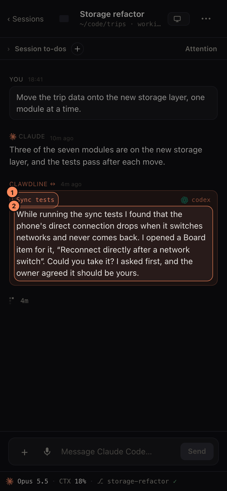 A Session conversation on a phone with a message from another Session, labelled with its name, asking this Session to take a Board item and saying the owner agreed.