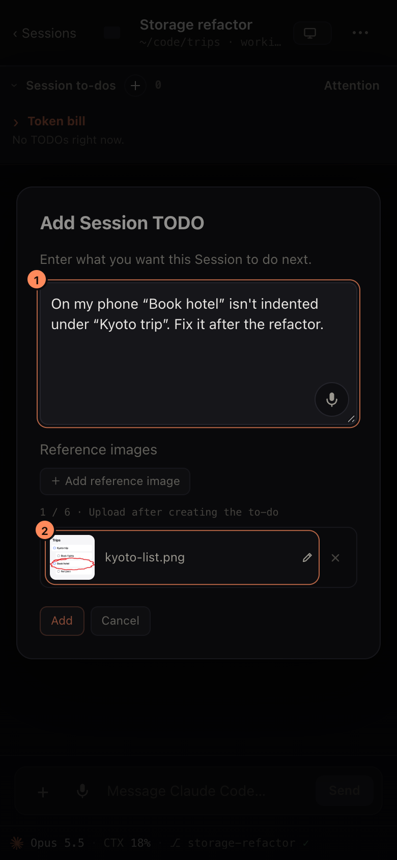 A phone screen adding a Session to-do: the text says a booking row is not indented under its trip, and the attached image is a phone screenshot with the problem circled in red.
