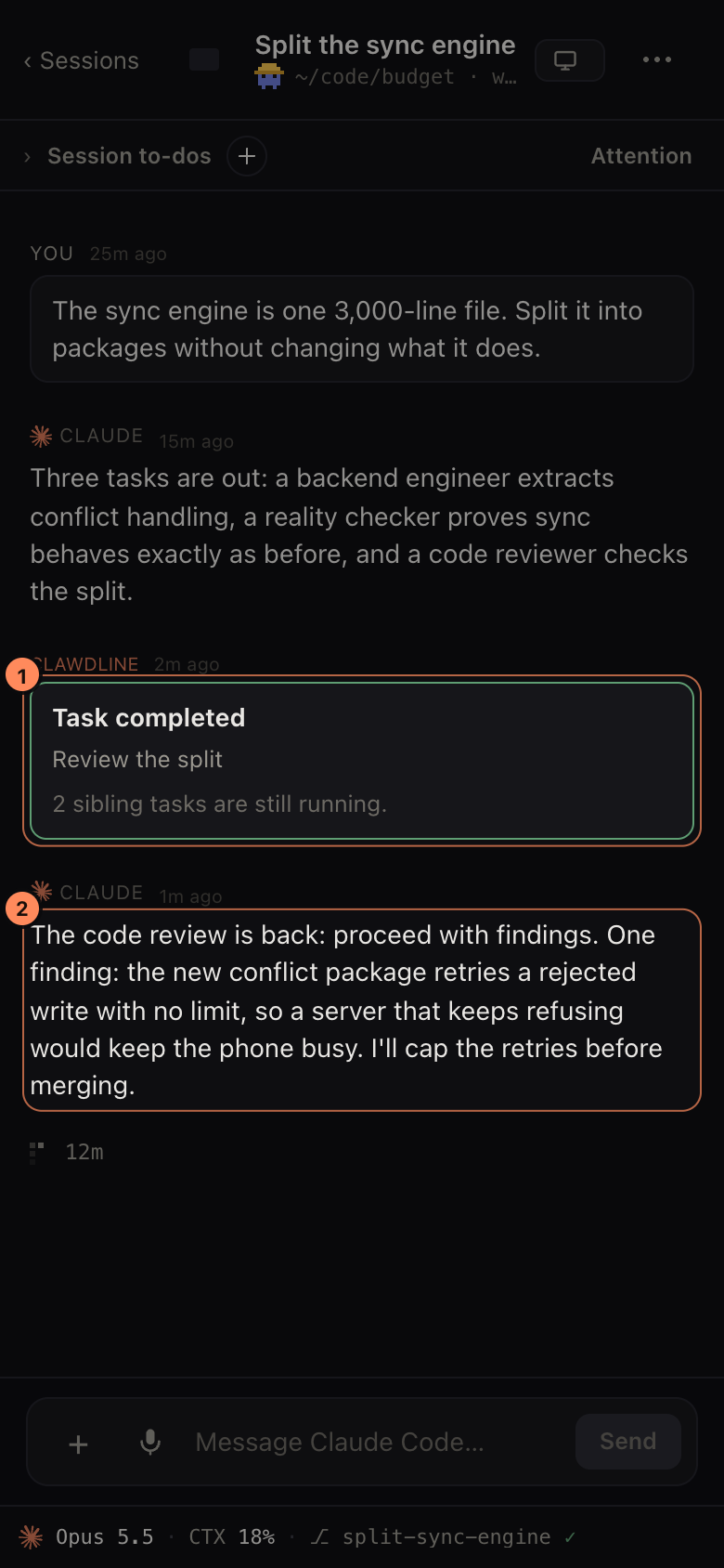 A coordinating Session conversation on a phone: a notice that the review task finished, then the coordinator reporting the verdict, proceed with findings, and the one finding it will fix before merging.