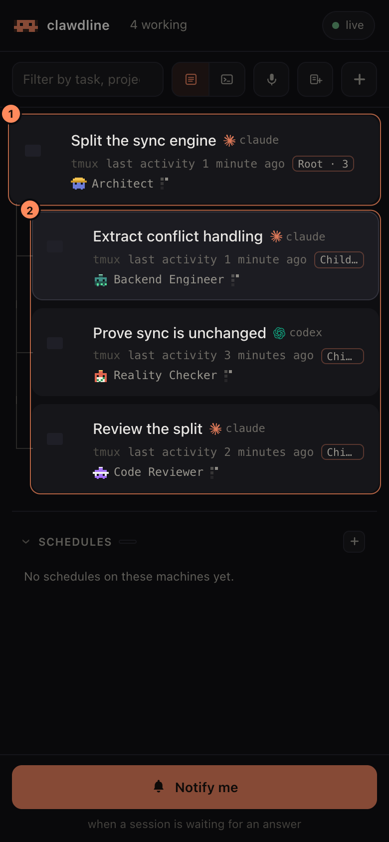 The Session list on a phone: a coordinating Session marked Architect, with three child Sessions nested under it marked Backend Engineer, Reality Checker and Code Reviewer.