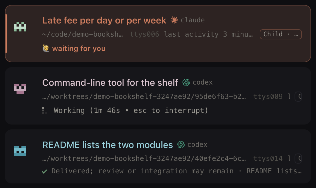 The Clawdline console's session list, three rows. The top row is orange and reads "waiting for you"; the middle row shows the last line of a running terminal; the bottom row has a check mark and reads "Delivered; review or integration may remain".