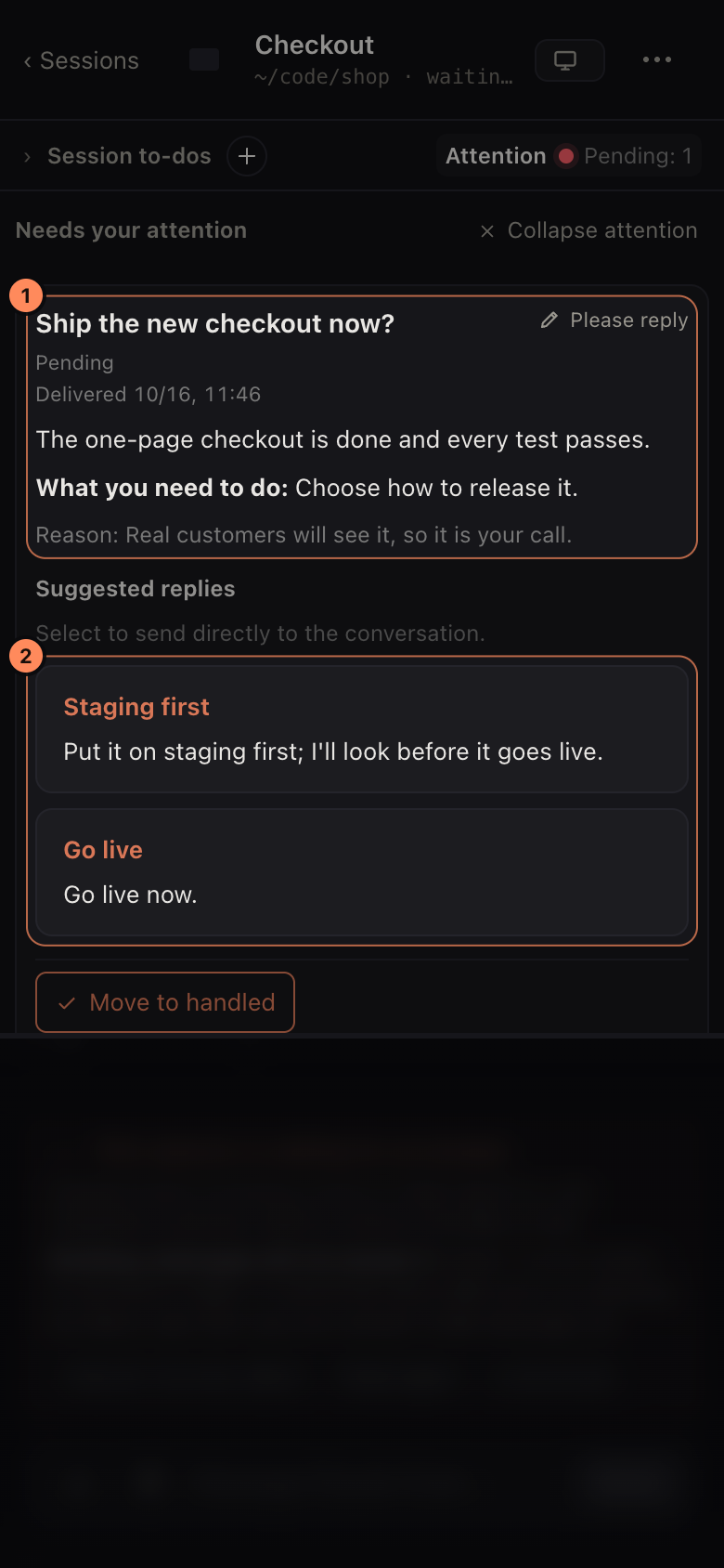 The Checkout Session on a phone: the Agent asks whether to ship the new checkout now. Callout 1 marks the question; callout 2 marks the two suggested replies, Staging first and Go live.